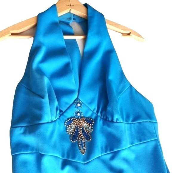 Vintage Beaded Halter Dress Full Length Turquoise Blue Circa early 1970's - Picture 8 of 10